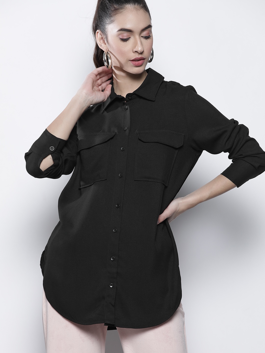 

DeFacto Black Solid Longline Shirt Tunic