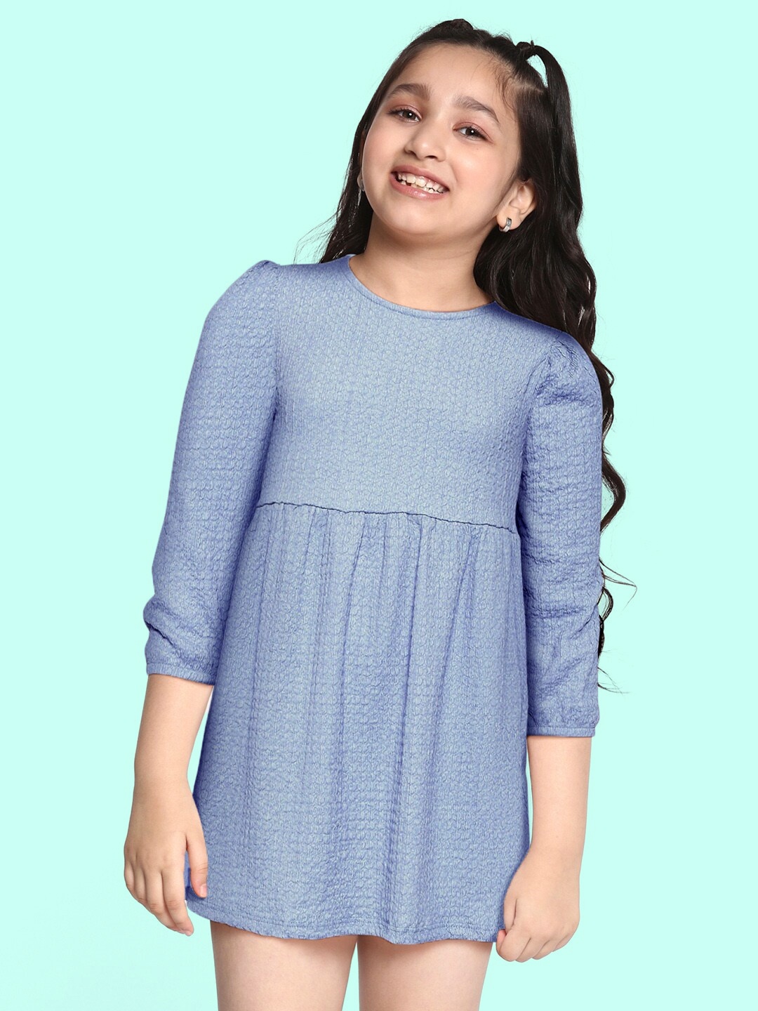 

DeFacto Blue Solid A-Line Puff Sleeves Seersucker Dress
