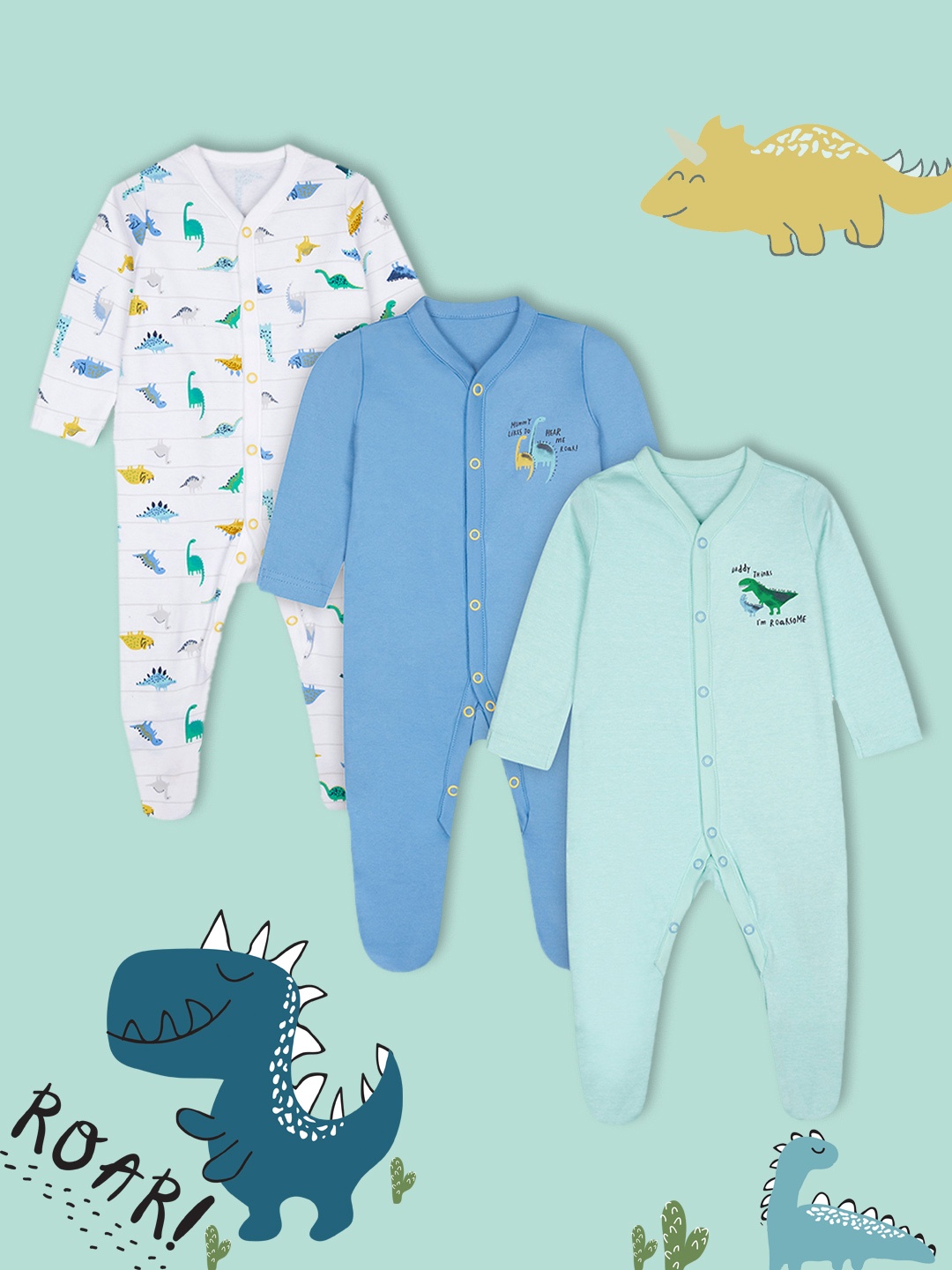 

mothercare Infants Boys Pack Of 3 Blue & White Animal Print V-Neck Pure Cotton Sleepsuits