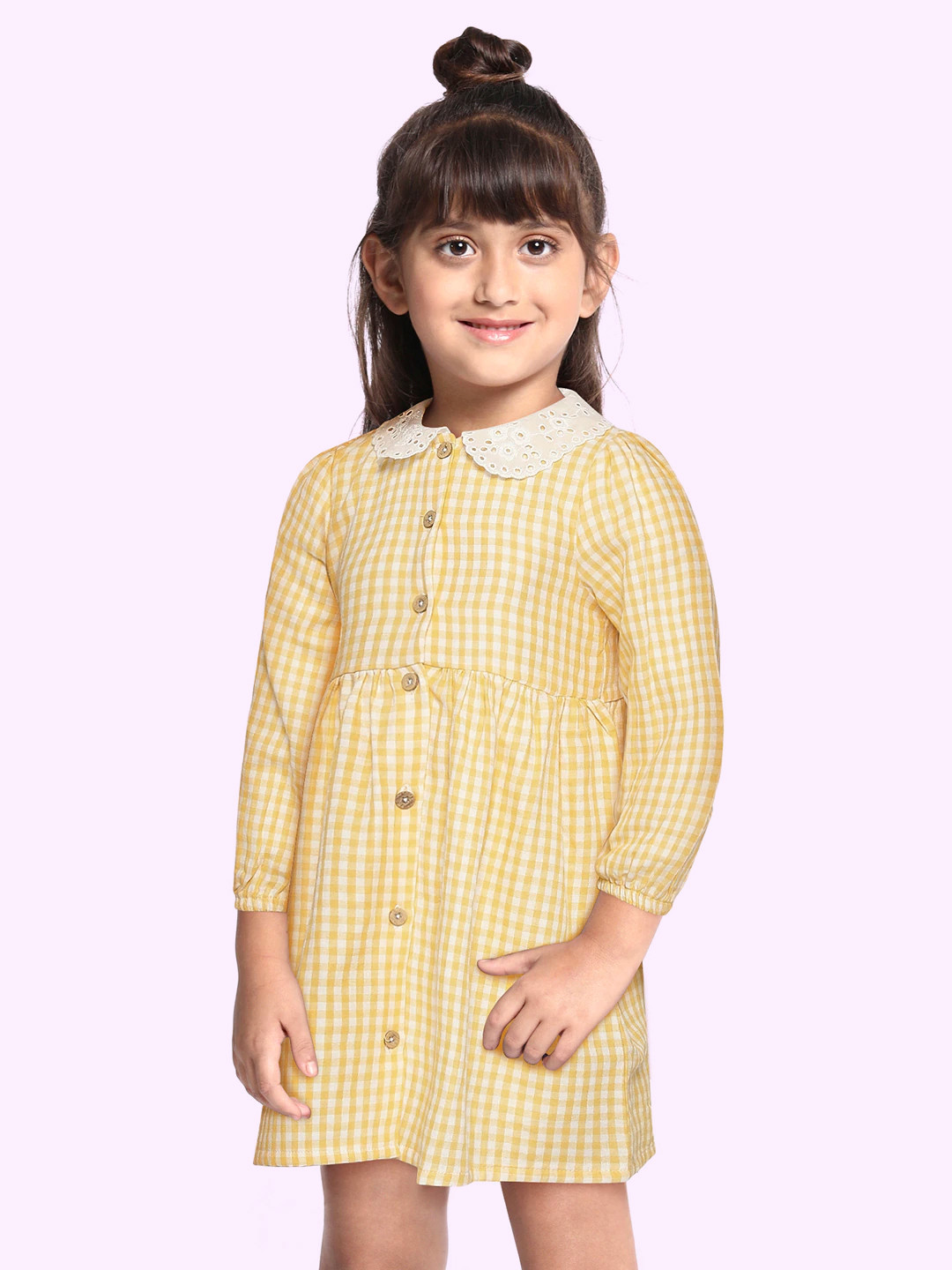 

DeFacto Yellow & White Pure Cotton Checked Peter Pan Collar Puff Sleeves A-Line Dress
