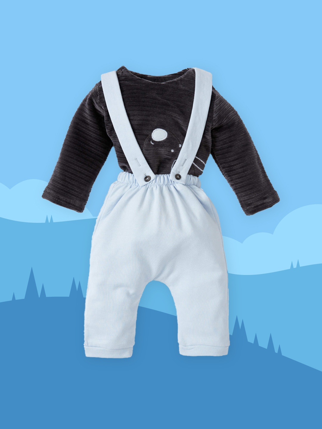 

DeFacto Boys Blue & Charcoal Grey Solid Dungaree with T-shirt