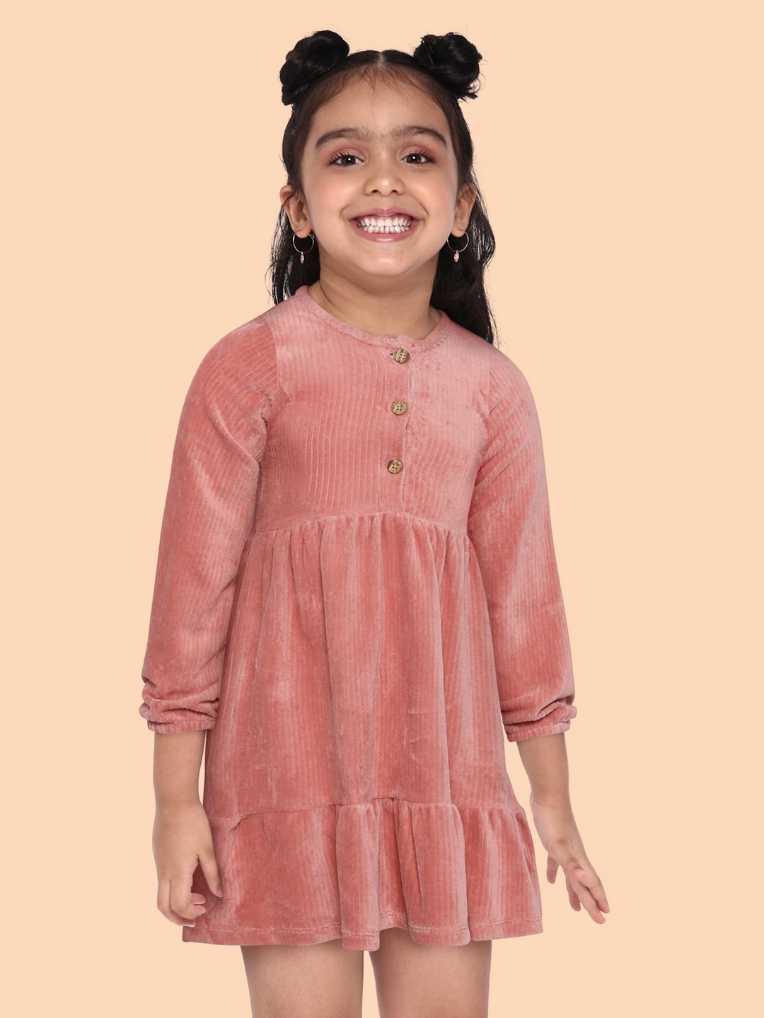 

DeFacto Girls Peach-Coloured Self Striped Velvet Fit & Flare Dress