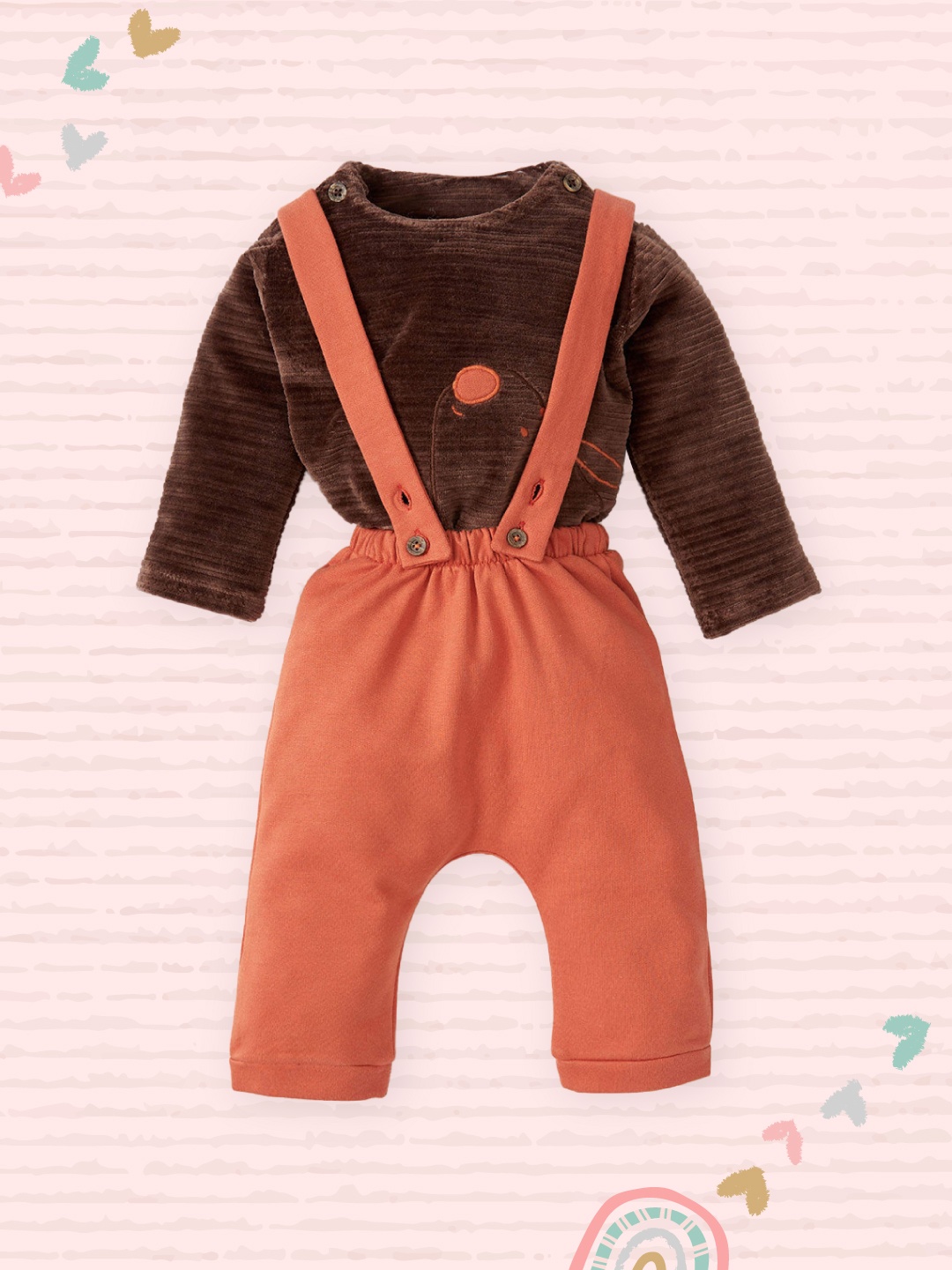 

DeFacto Boys Orange & Brown Solid Dungaree with T-shirt