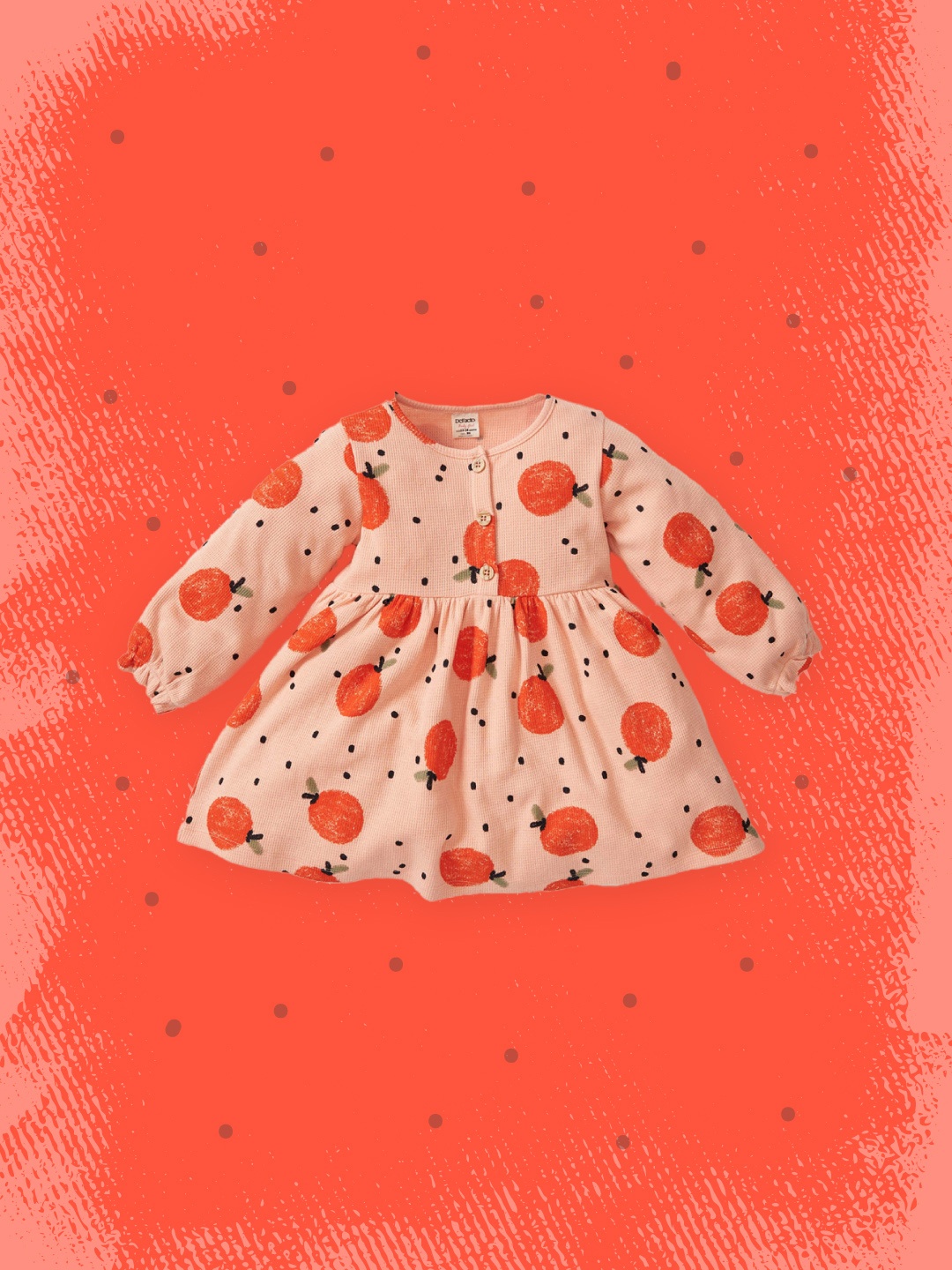 

DeFacto Peach-Coloured & Coral Pure Cotton Printed Puff Sleeves Dress