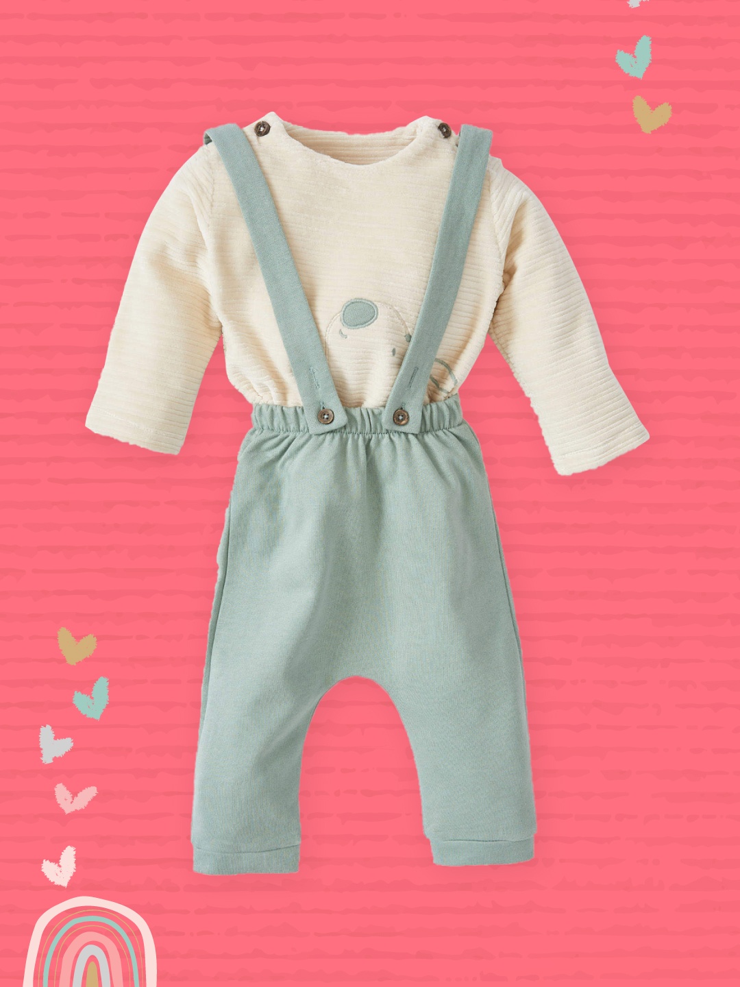 

DeFacto Boys Beige & Green Solid Dungaree with T-shirt