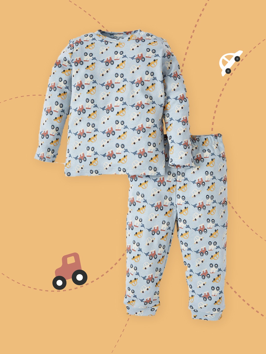 

DeFacto Boys Blue & Off White Conversational Printed Cotton Pyjama Set