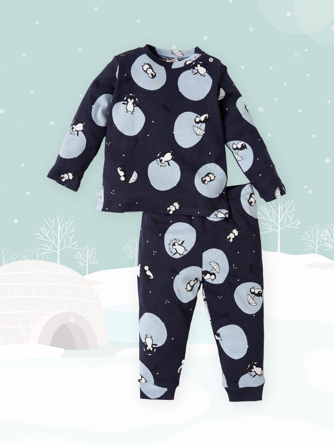 

DeFacto Boys Navy Blue & Black Pure Cotton Conversational Print Night suit
