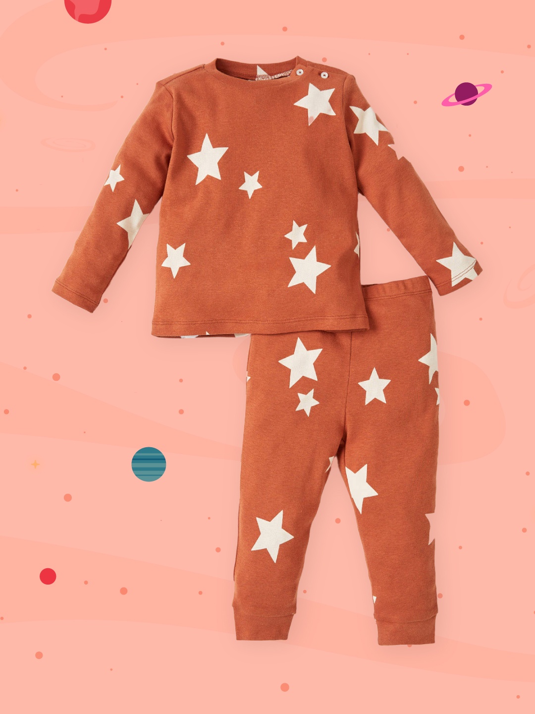 

DeFacto Boys Rust Orange & Beige Pure Cotton Star Print Night suit