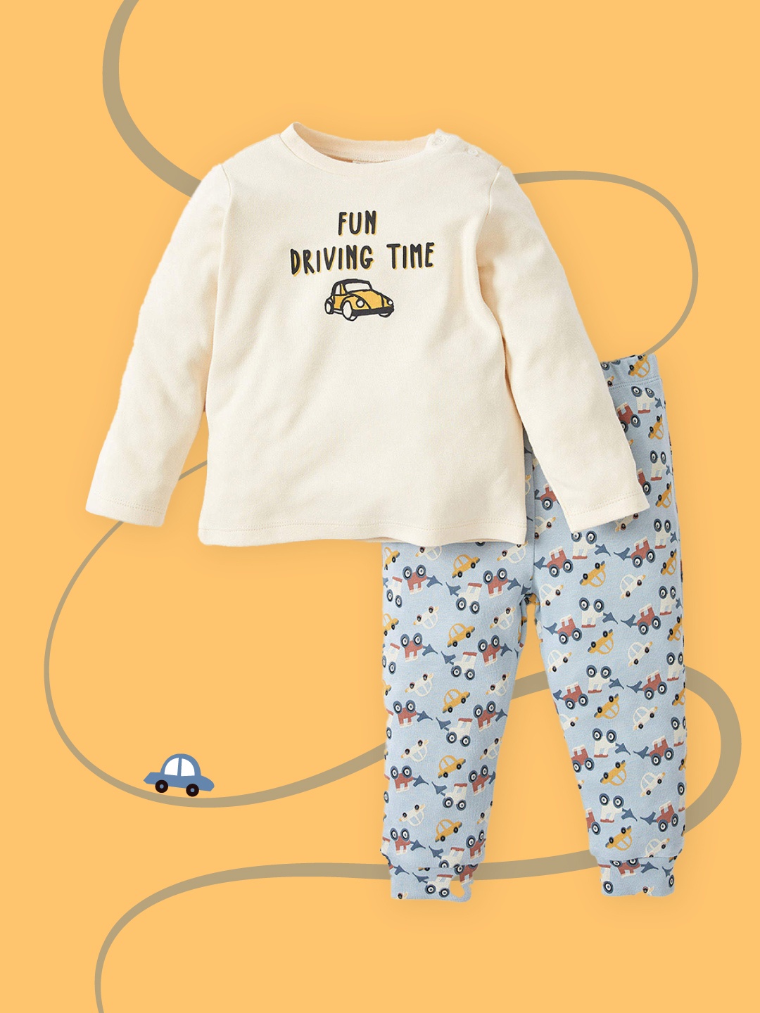 

DeFacto Boys Beige & Blue Pure Cotton Typography Print Night suit