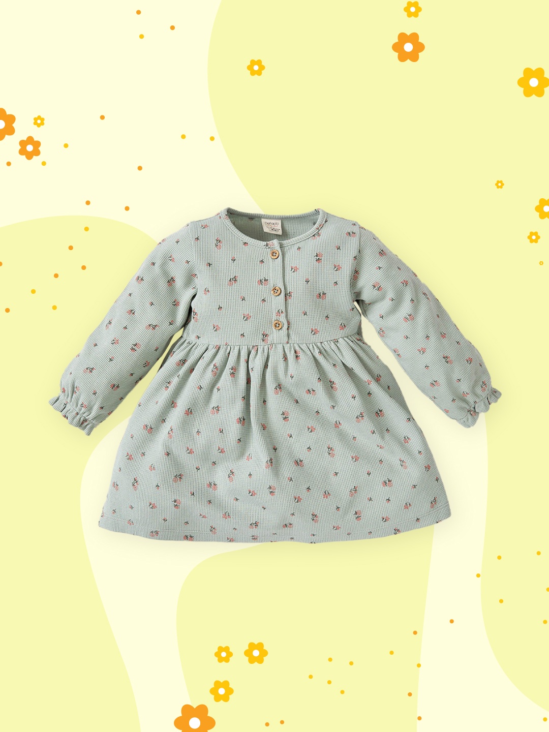 

DeFacto Green & Pink Pure Cotton Floral Print Puff Sleeves Dress