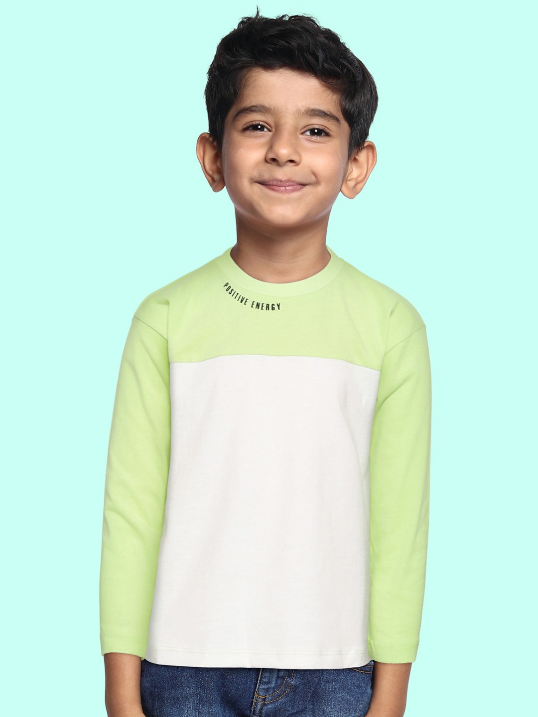 

DeFacto Boys White & Green Cotton Colourblocked Extended Sleeves T-shirt