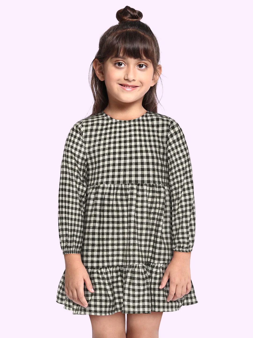 

DeFacto Girls Olive Green & White Checked Tiered Fit & Flare Dress