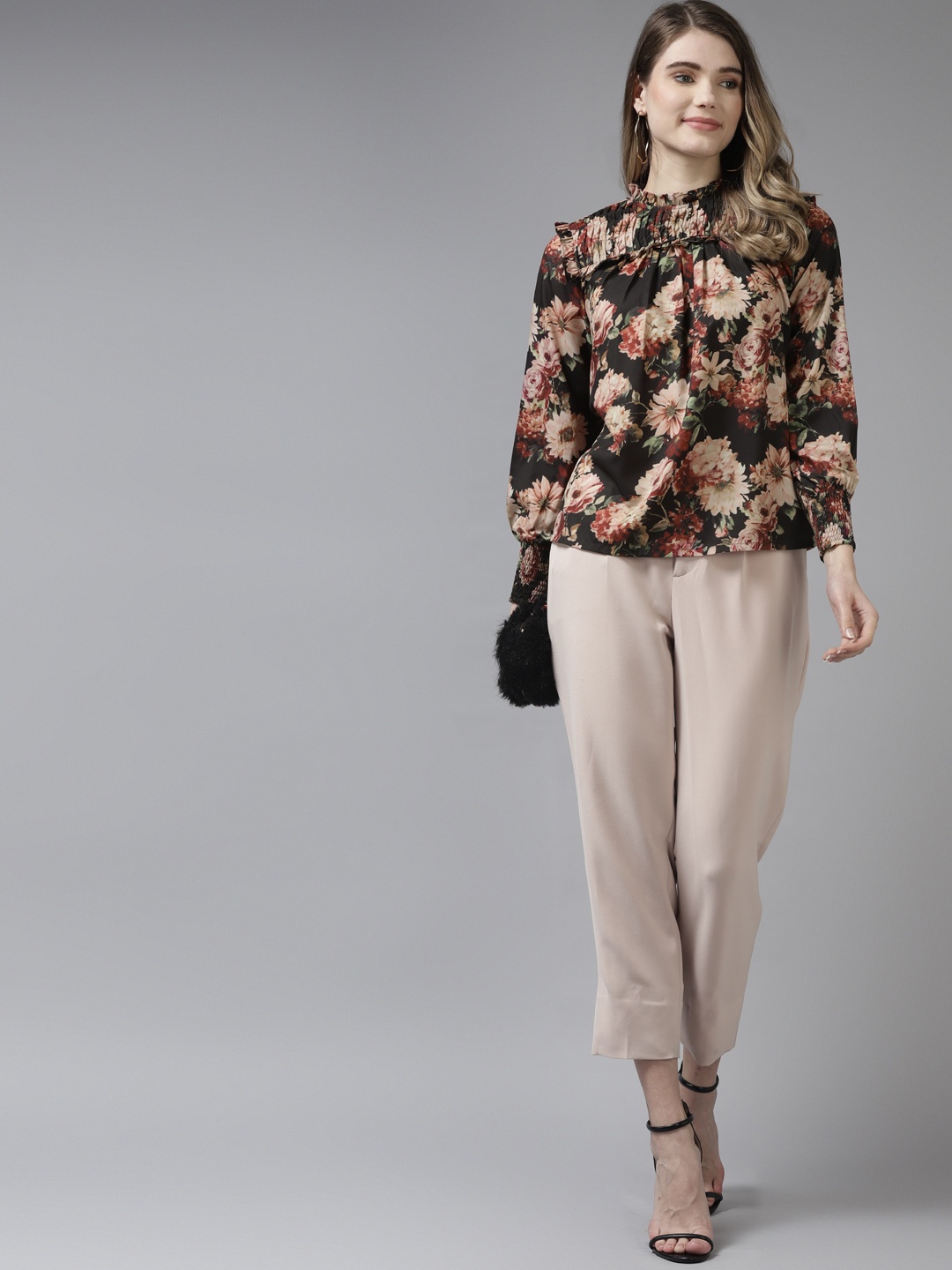 

Bhama Couture Black & Beige Floral Print Smocked Detail Top