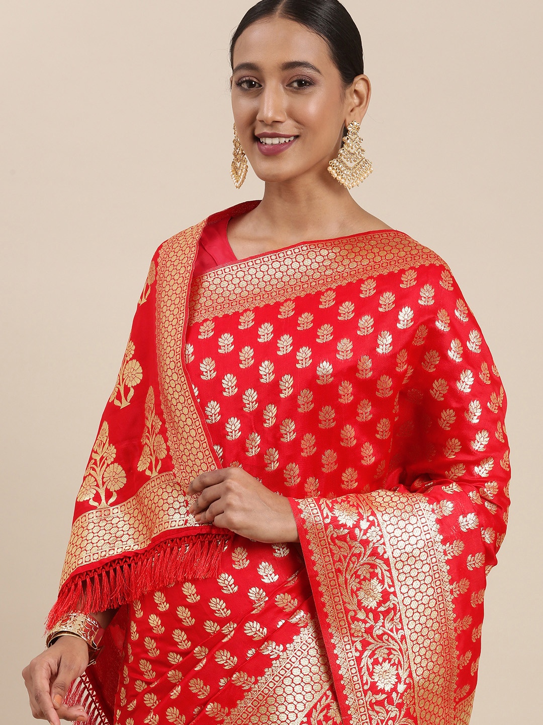 

Saree mall Red & Golden Ethnic Motifs Silk Blend Sarees