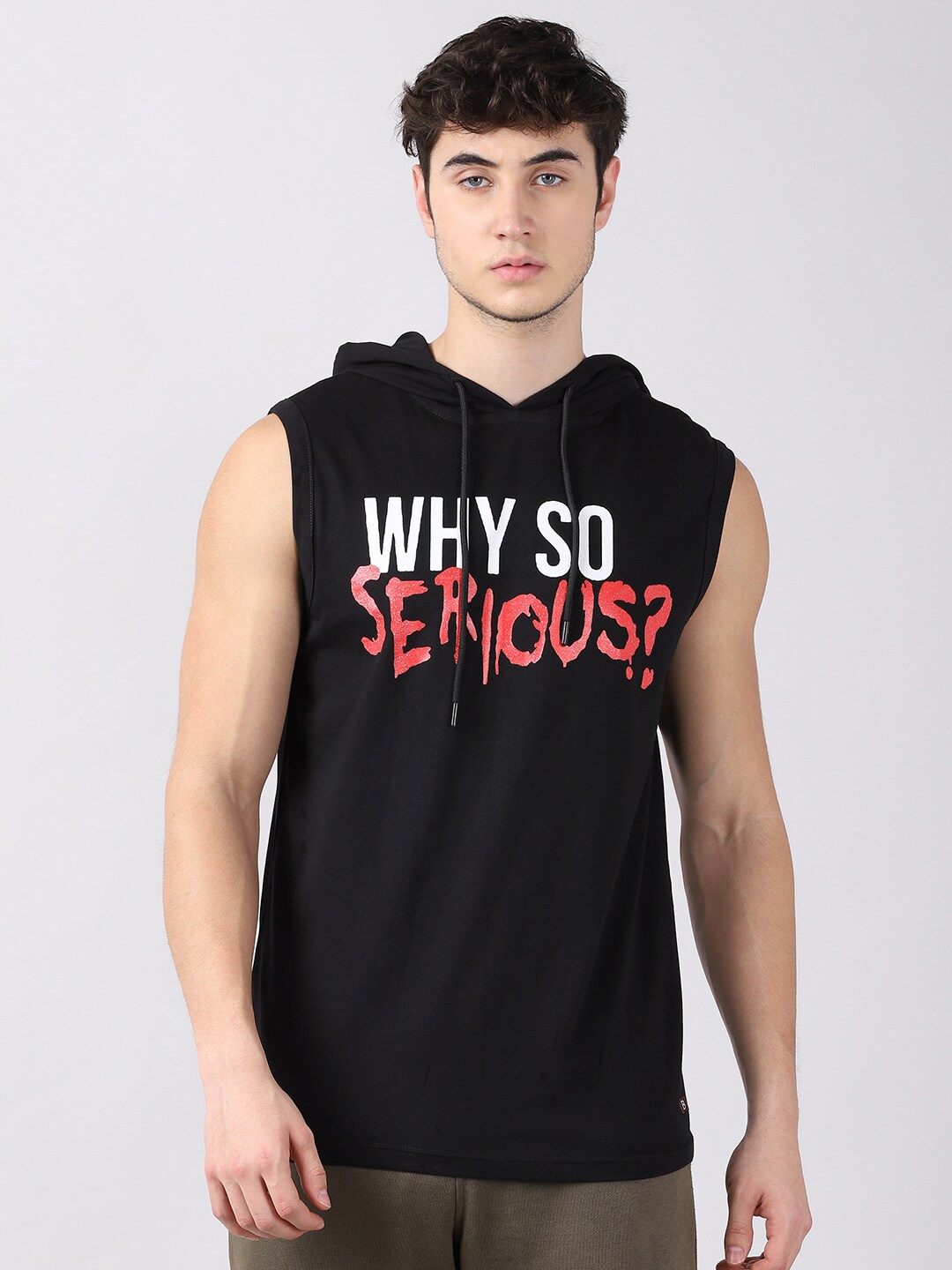

Bushirt Men Black Why So Serious Printed Pure Cotton Hooded T-shirt