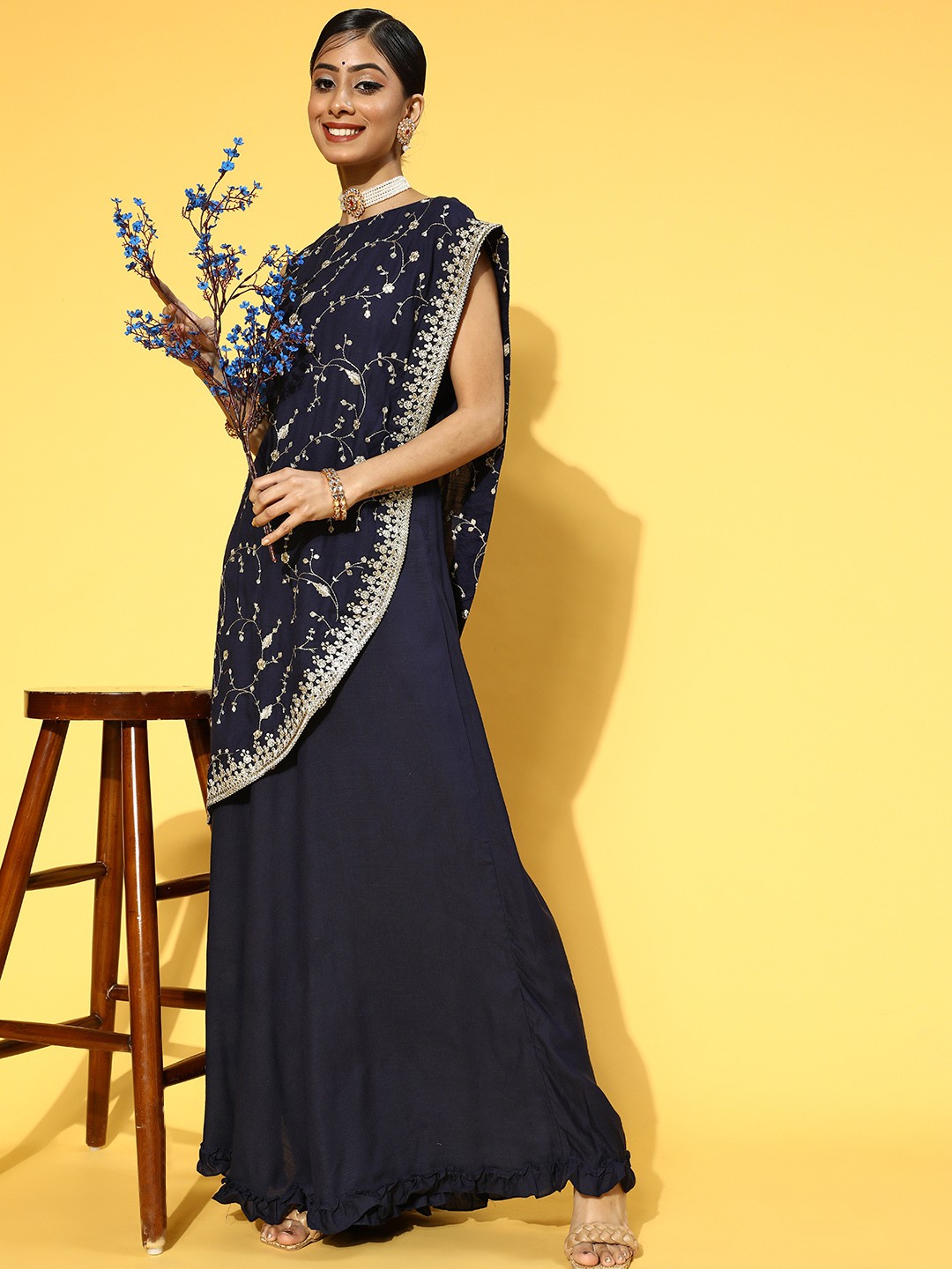 

FASHOR Floral Cotton Blend Draped Luxe Kurta Set, Navy blue