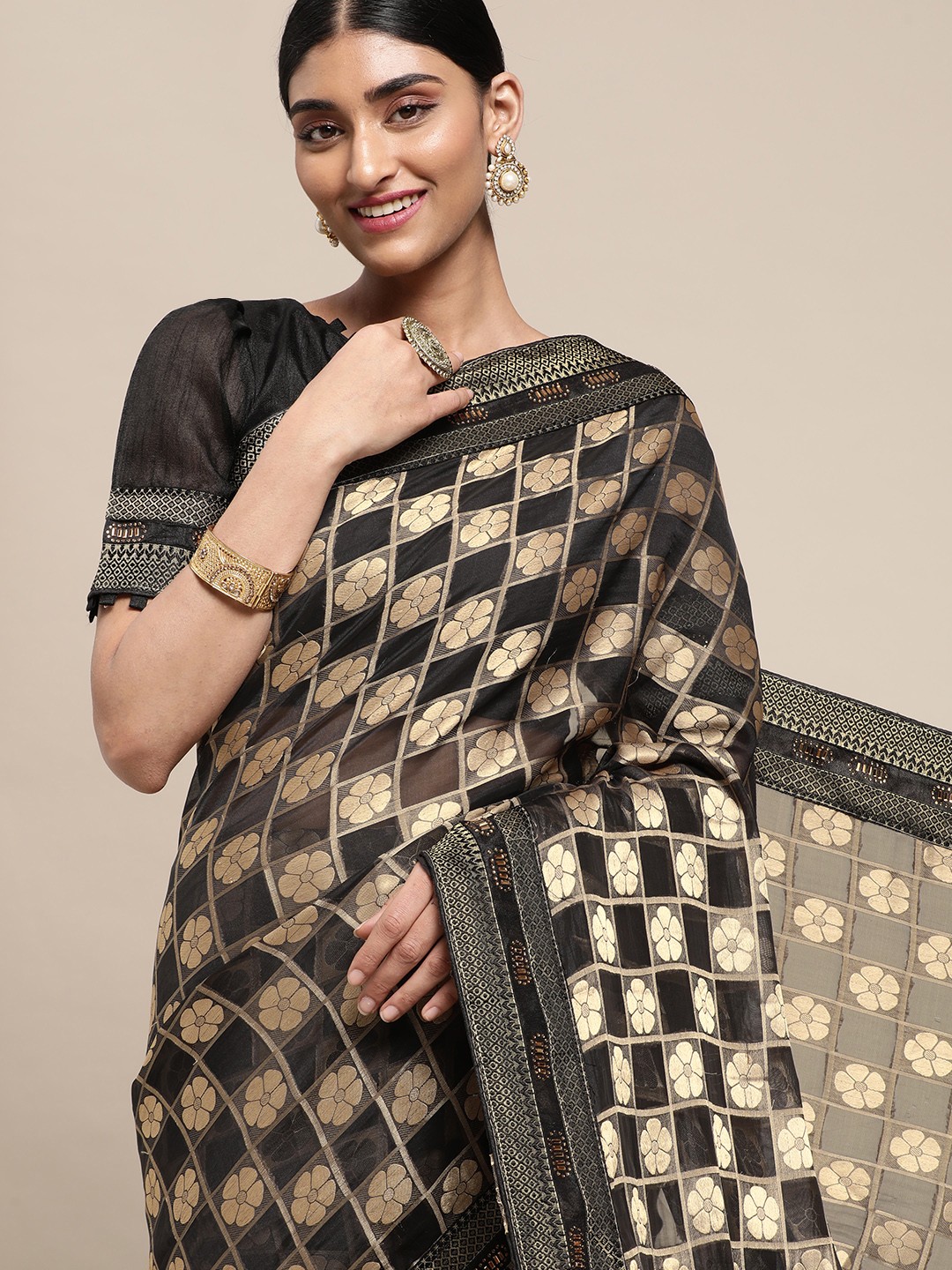 

Satrani Black & Gold-Toned Floral Woven Design Saree