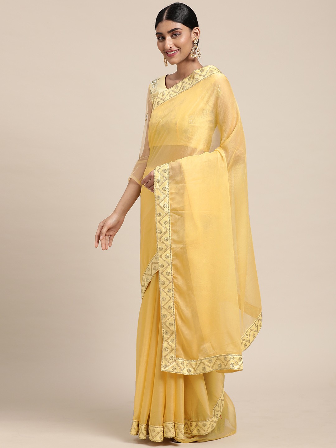 

Satrani Yellow & Gold-Toned Sequin Embellished Pure Chiffon Saree