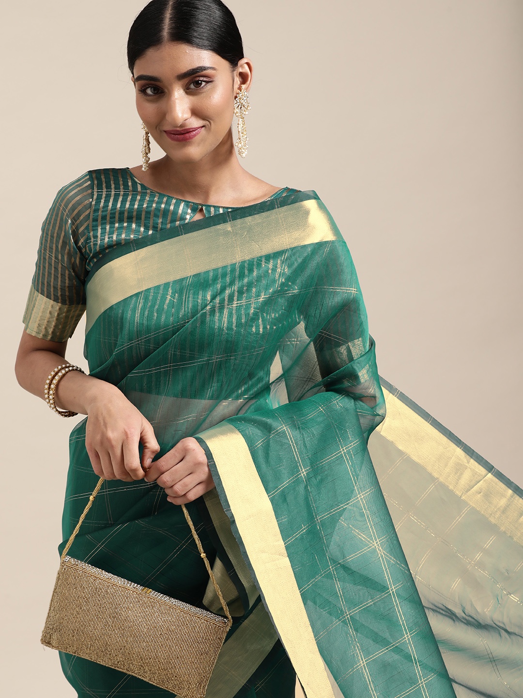 

Satrani Teal & Gold-Toned Checked Organza Saree