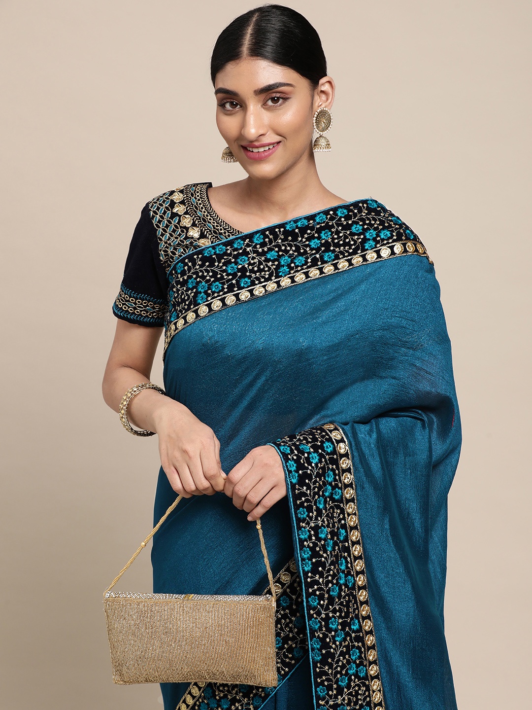 

Satrani Teal & Gold-Toned Floral Embroidered Saree