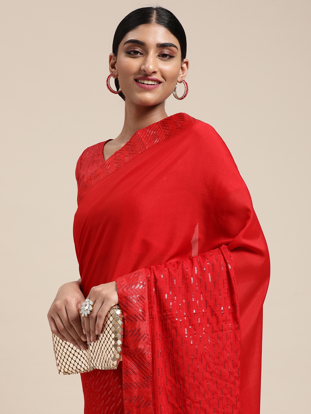 

Satrani Red Sequin Embellished Saree