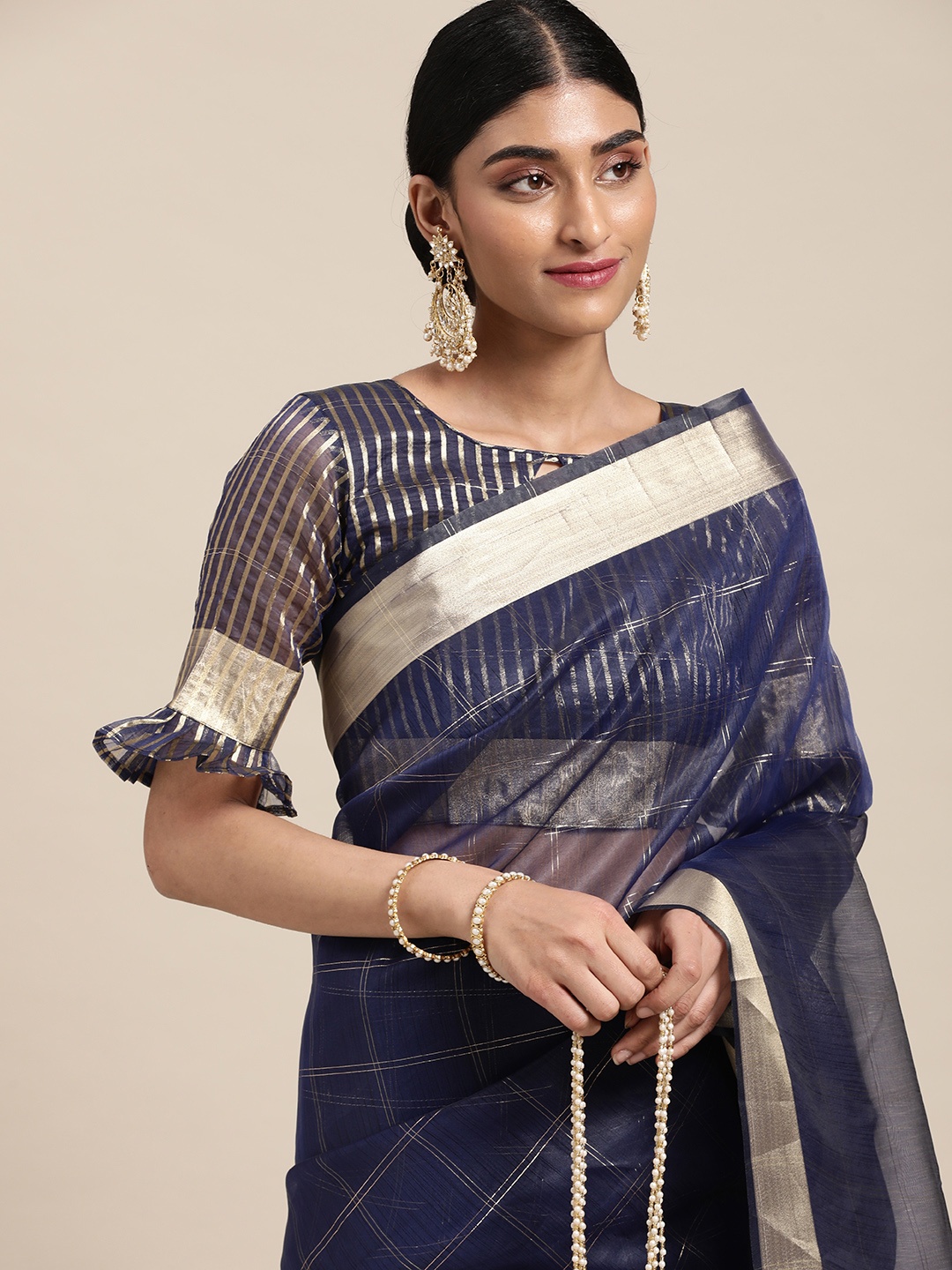 

Satrani Blue & Gold-Toned Checked Organza Saree