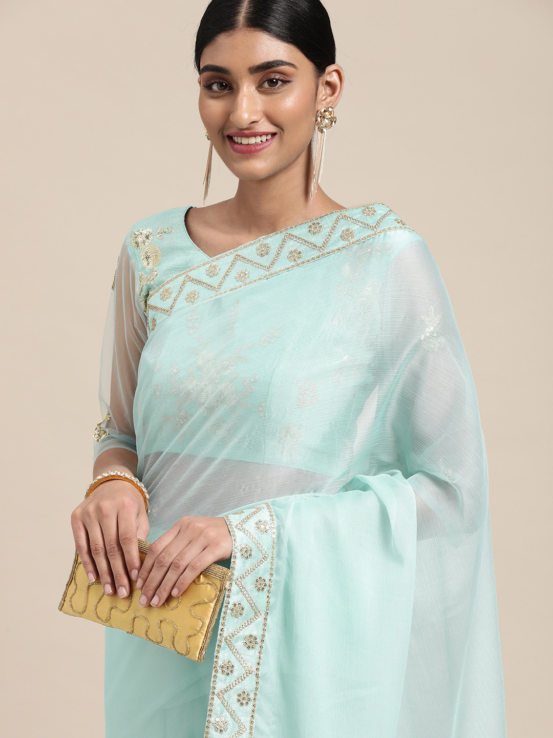 

Satrani Turquoise Blue Sequin Embellished Pure Chiffon Saree