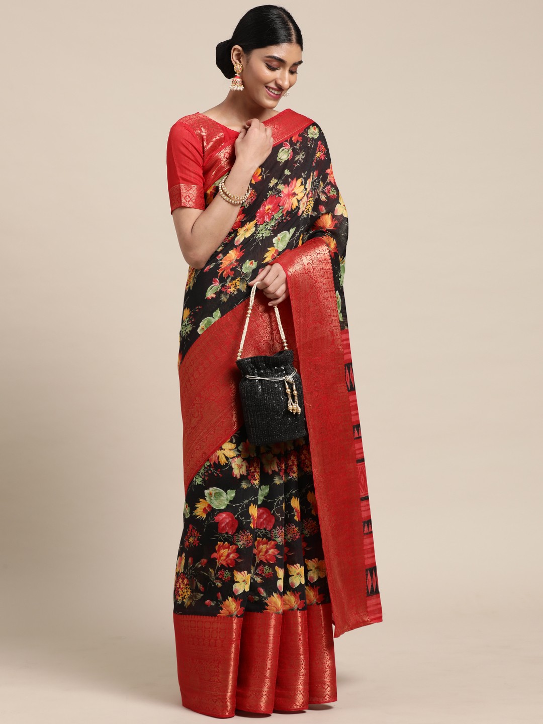

Satrani Black & Red Floral Print Saree