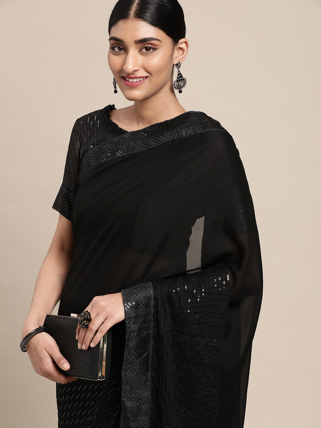 

Satrani Black Sequin Embellished Saree