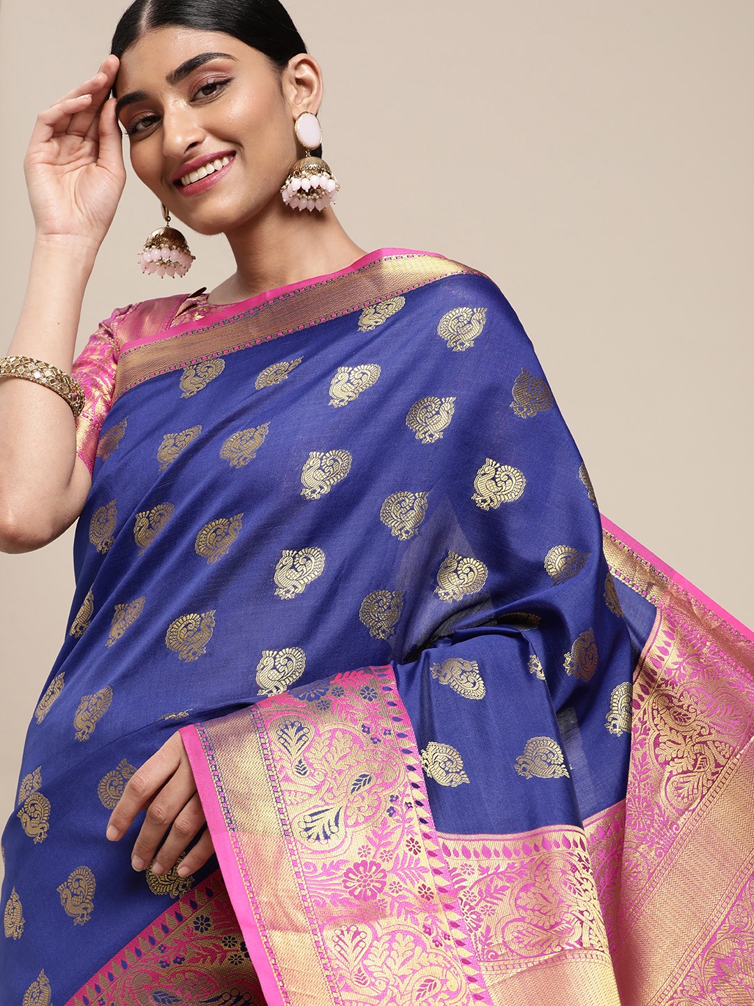 

Satrani Blue & Gold-Toned Ethnic Motifs Woven Design Banarasi Saree