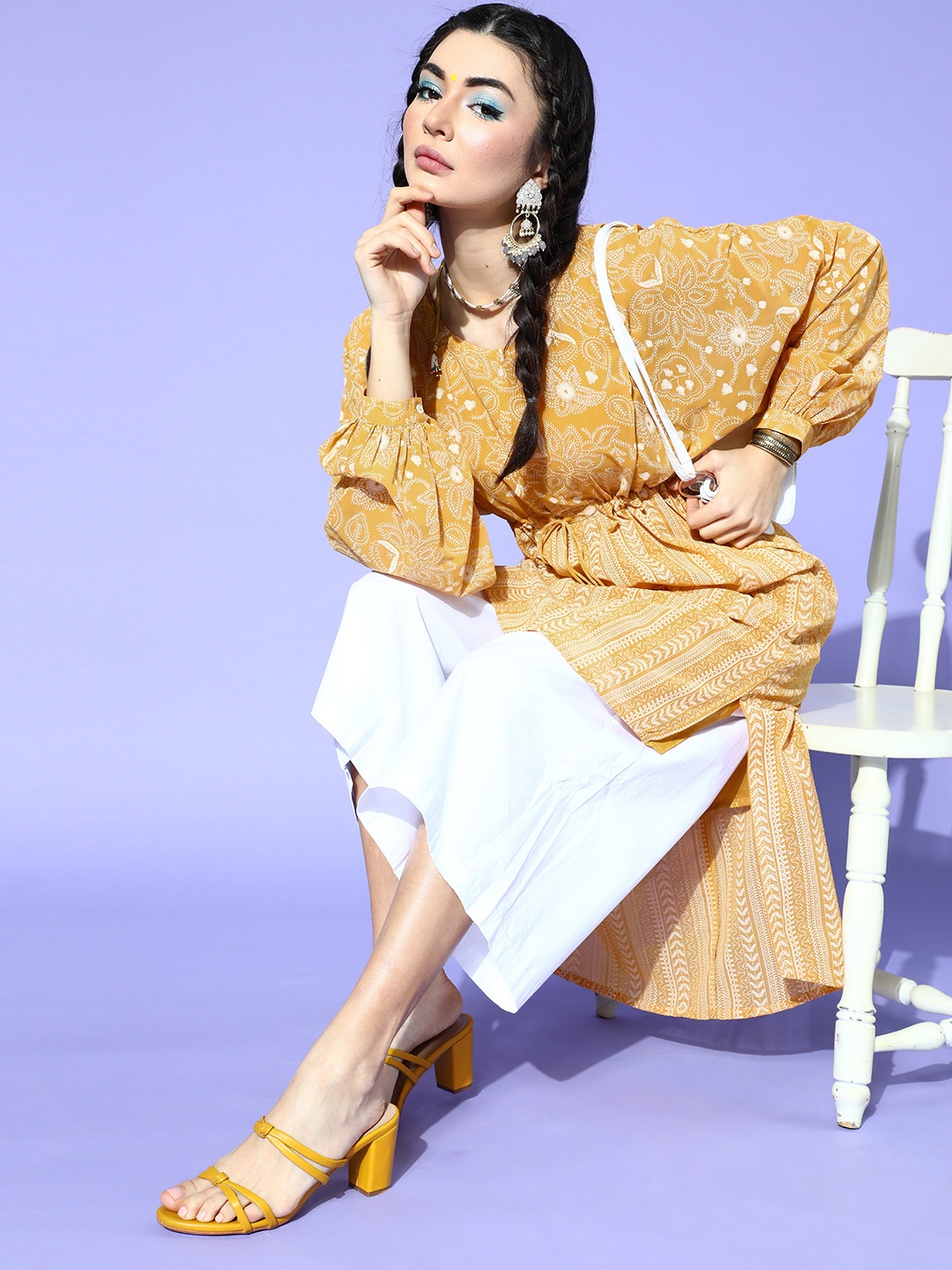 

Juniper Women Stylish Mustard Printed High-Low Tunic