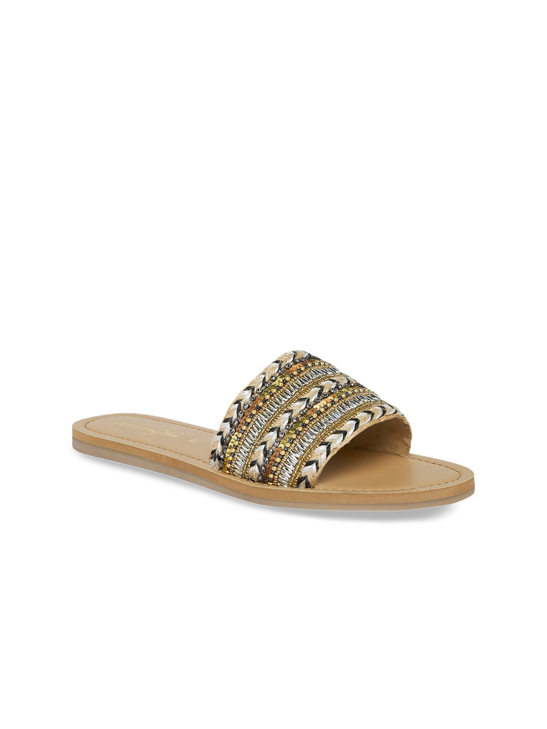 

Forever Glam by Pantaloons Women Beige & Gold-Toned Embellished Open Toe Flats