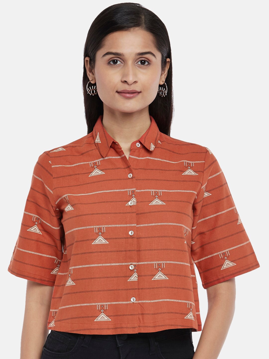 

People Rust Brown Print Shirt Style Cotton Top