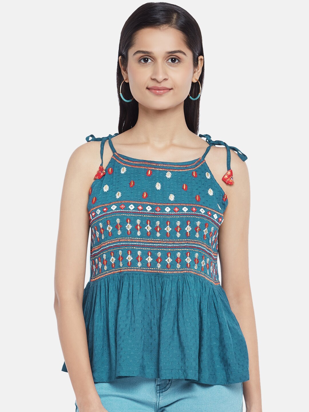 

People Blue & White Geometric Embroidered Empire Top