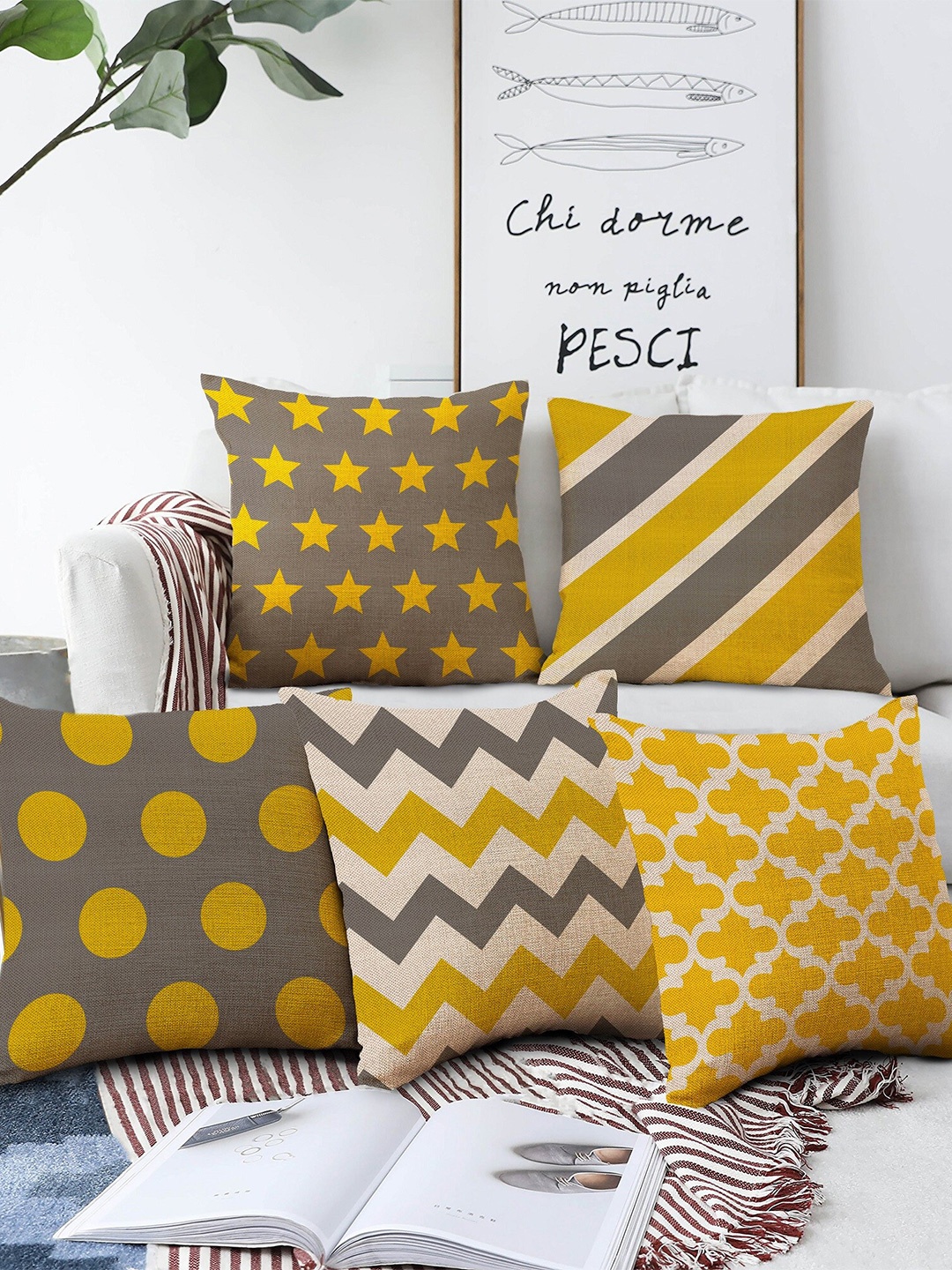 

AEROHAVEN Yellow & Grey Set of 5 16"X16" Geometric Printed Square Cushion Covers