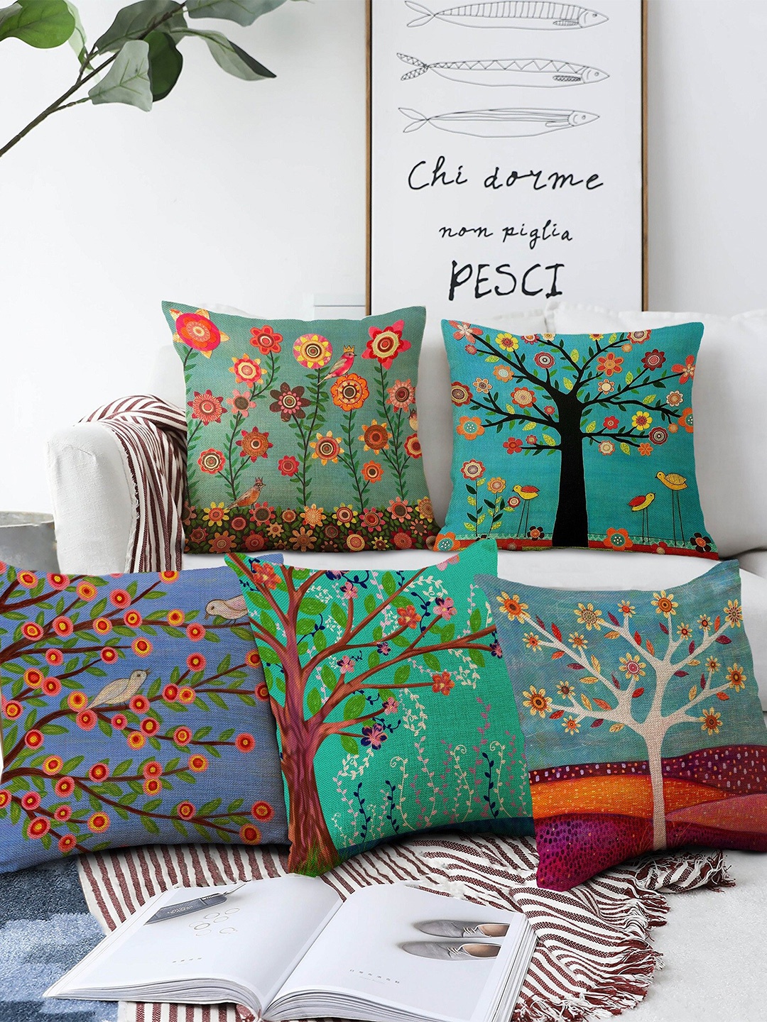 

AEROHAVEN Blue & Green Set of 5 Floral Printed Square Cushion Covers