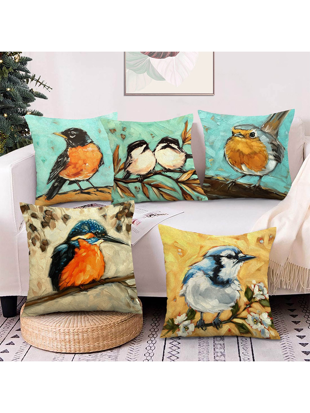

AEROHAVEN Green Yellow & White Set of 5 Quirky Velvet Square Cushion Covers