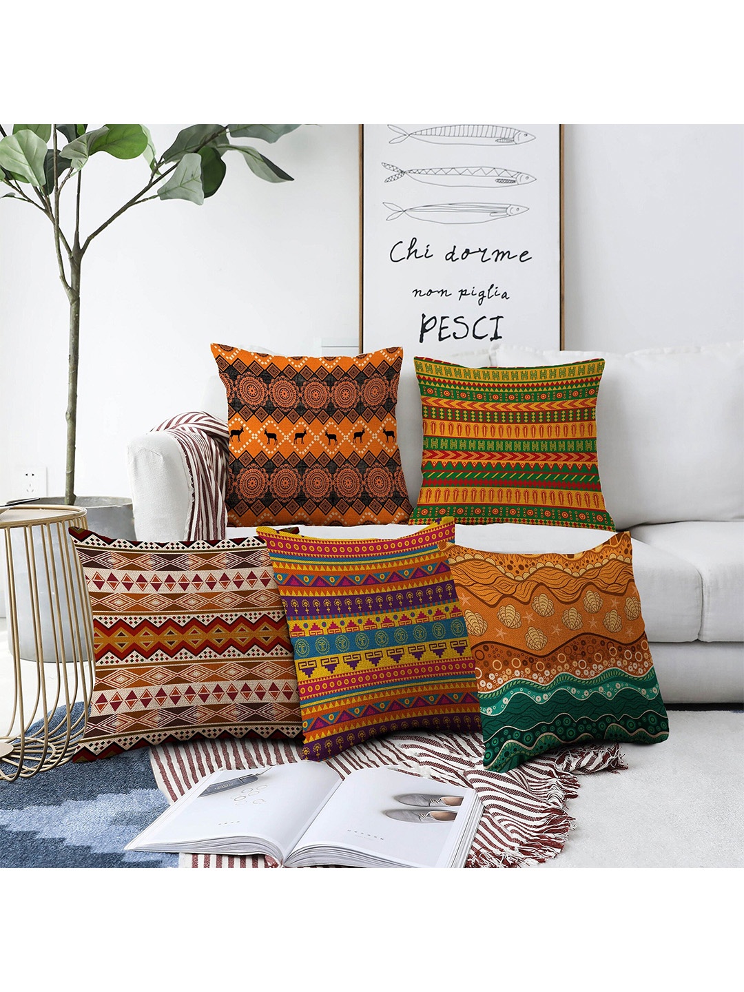 

AEROHAVEN Multicoloured Set of 5 16"X16" Ethnic Motifs Square Cushion Covers, Multi