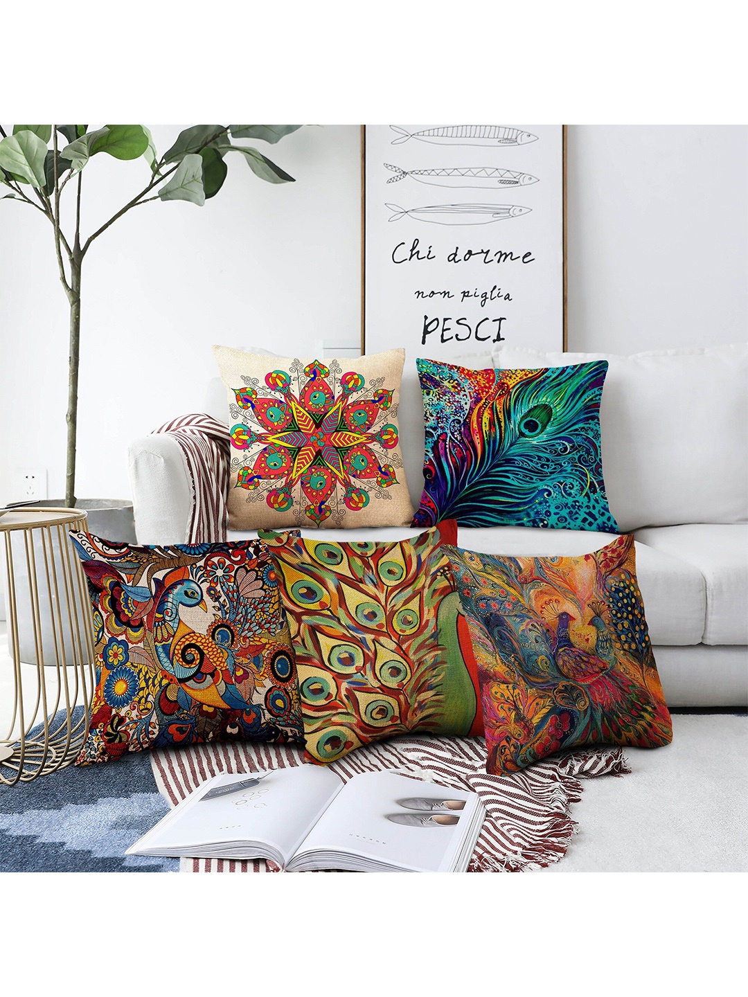 

AEROHAVEN Beige & Blue Set of 5 Quirky Printed Square Cushion Covers