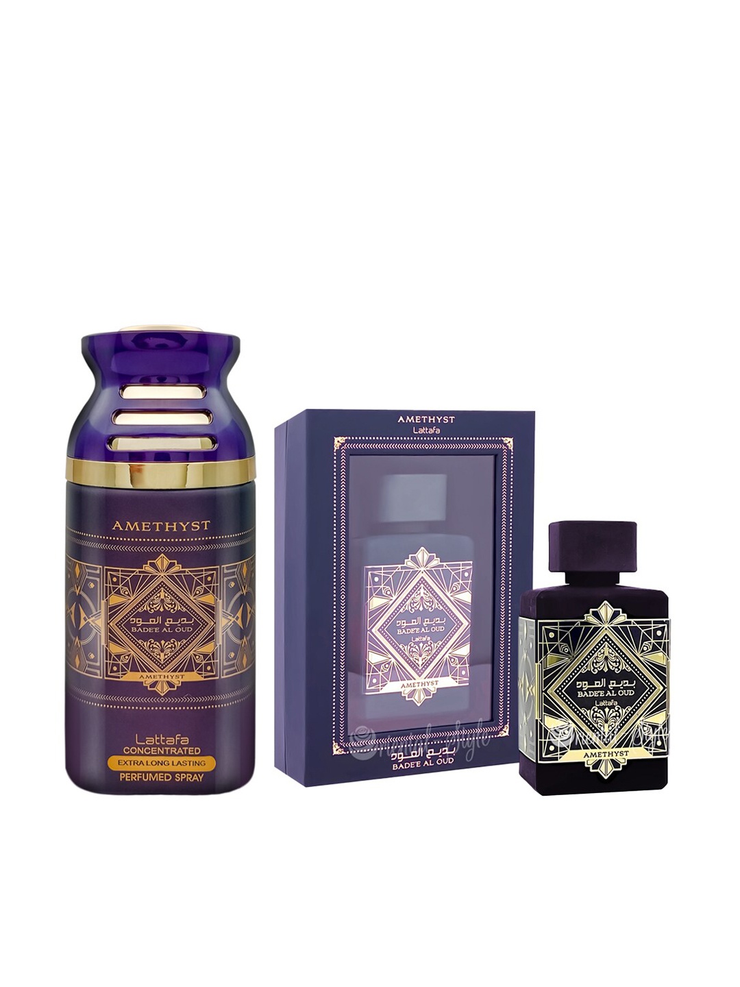 

Lattafa Set of Badee Al Oud Amethyst Eau De Perfume & Deodorant 350 ml, Purple