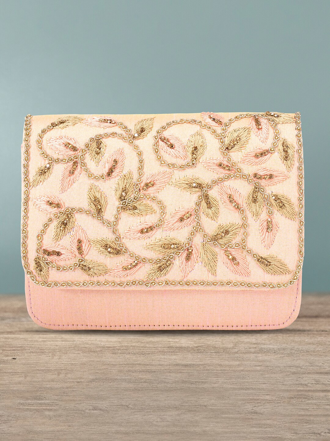 

Peora Peach-Coloured & Gold-Toned Embroidered Embellished Handmade Bridal Purse Clutch