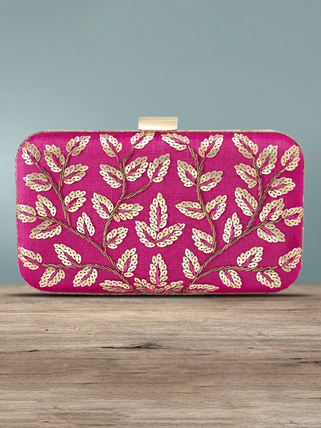 

Peora Magenta & Gold-Toned Embellished Box Clutch