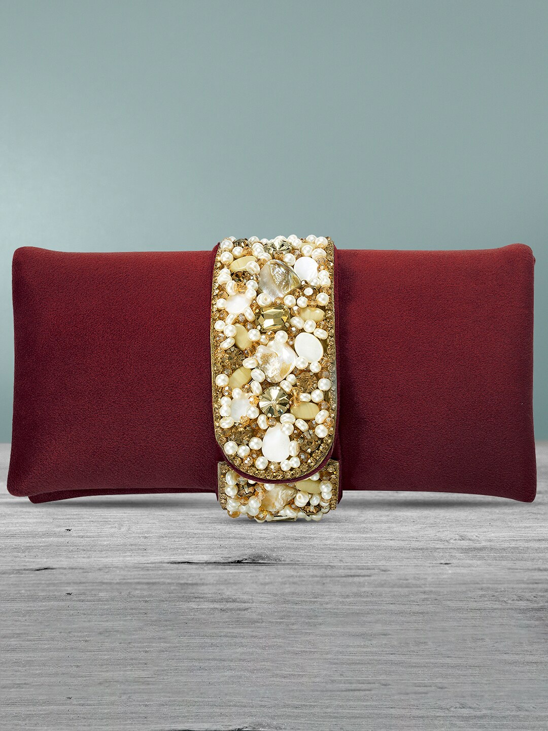 

Peora Maroon & Gold-Toned Embellished Purse Clutch