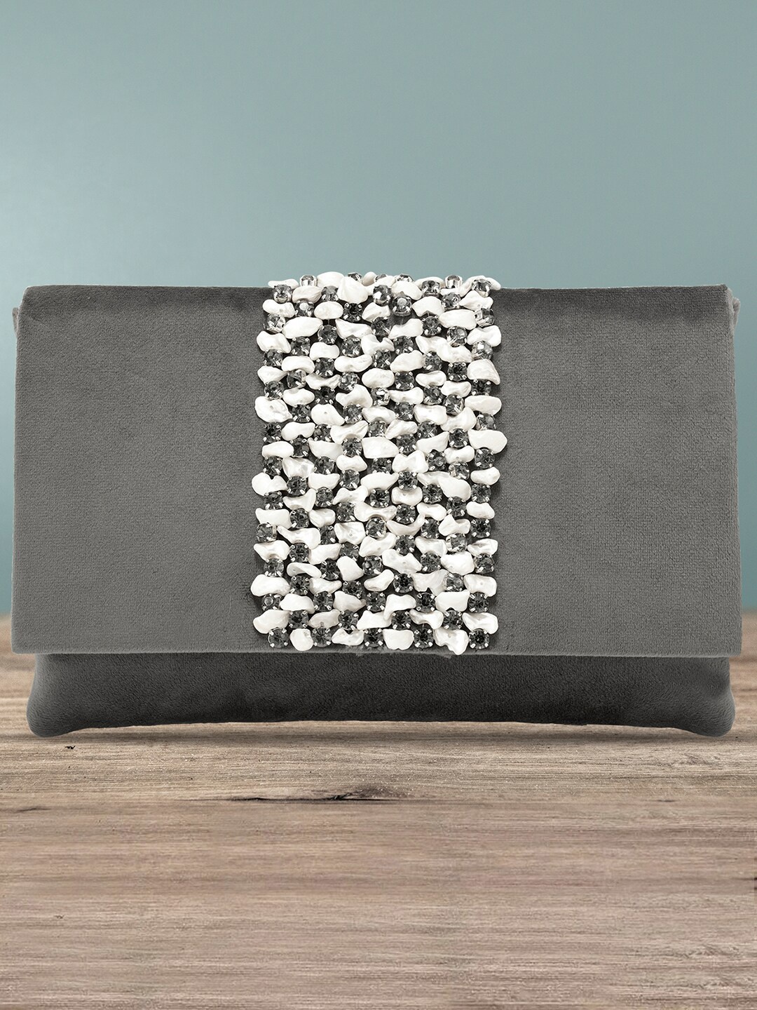

Peora Women Grey & Silver-Toned Embellished Purse Clutch