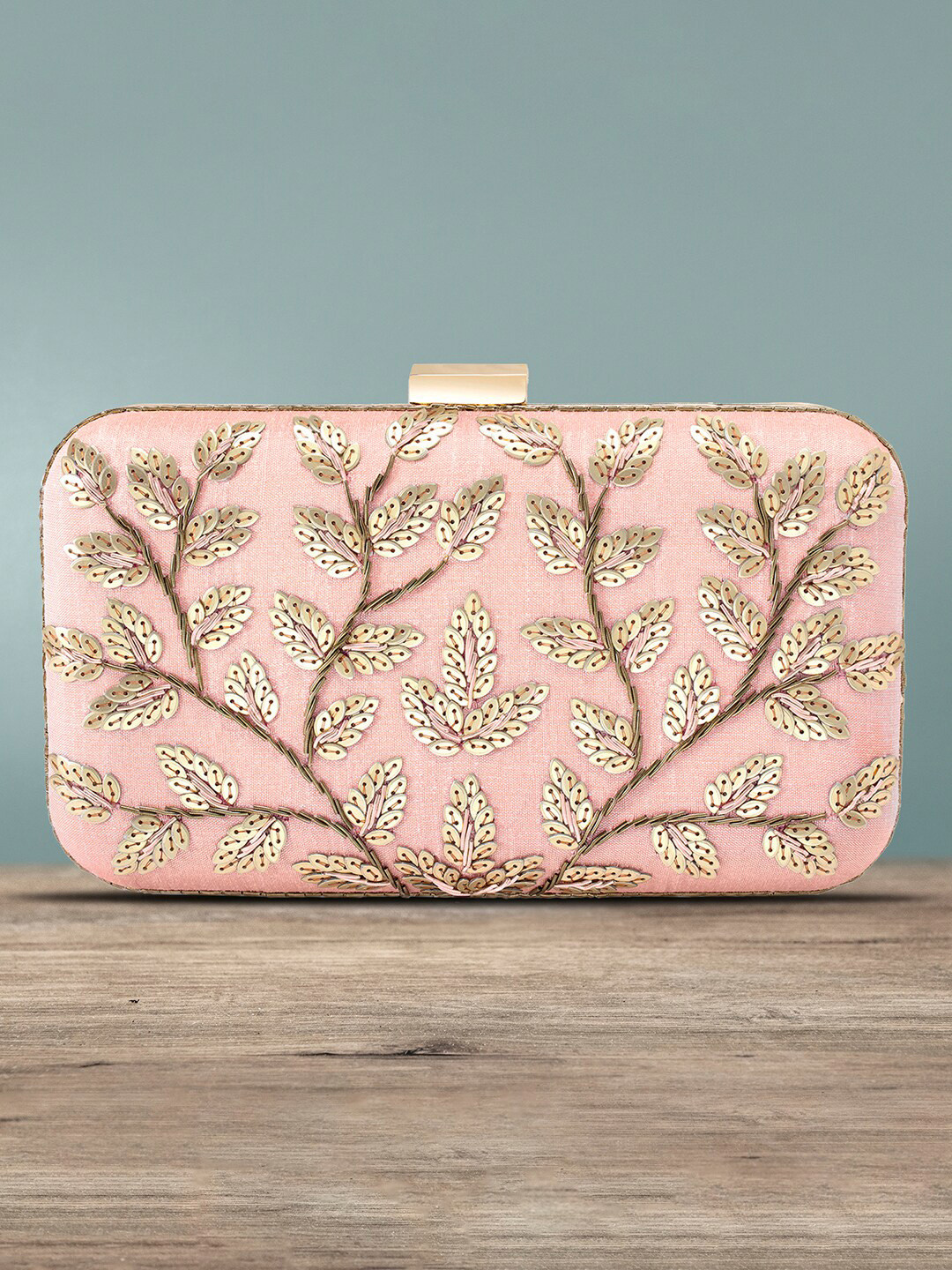 

Peora Women Peach Coloured & Gold Toned Embellished Box Clutch