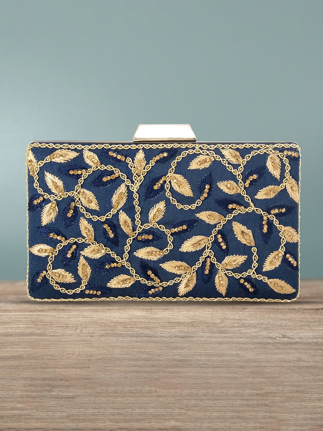 

Peora Women Blue & Gold Toned Embroidered Purse Clutch