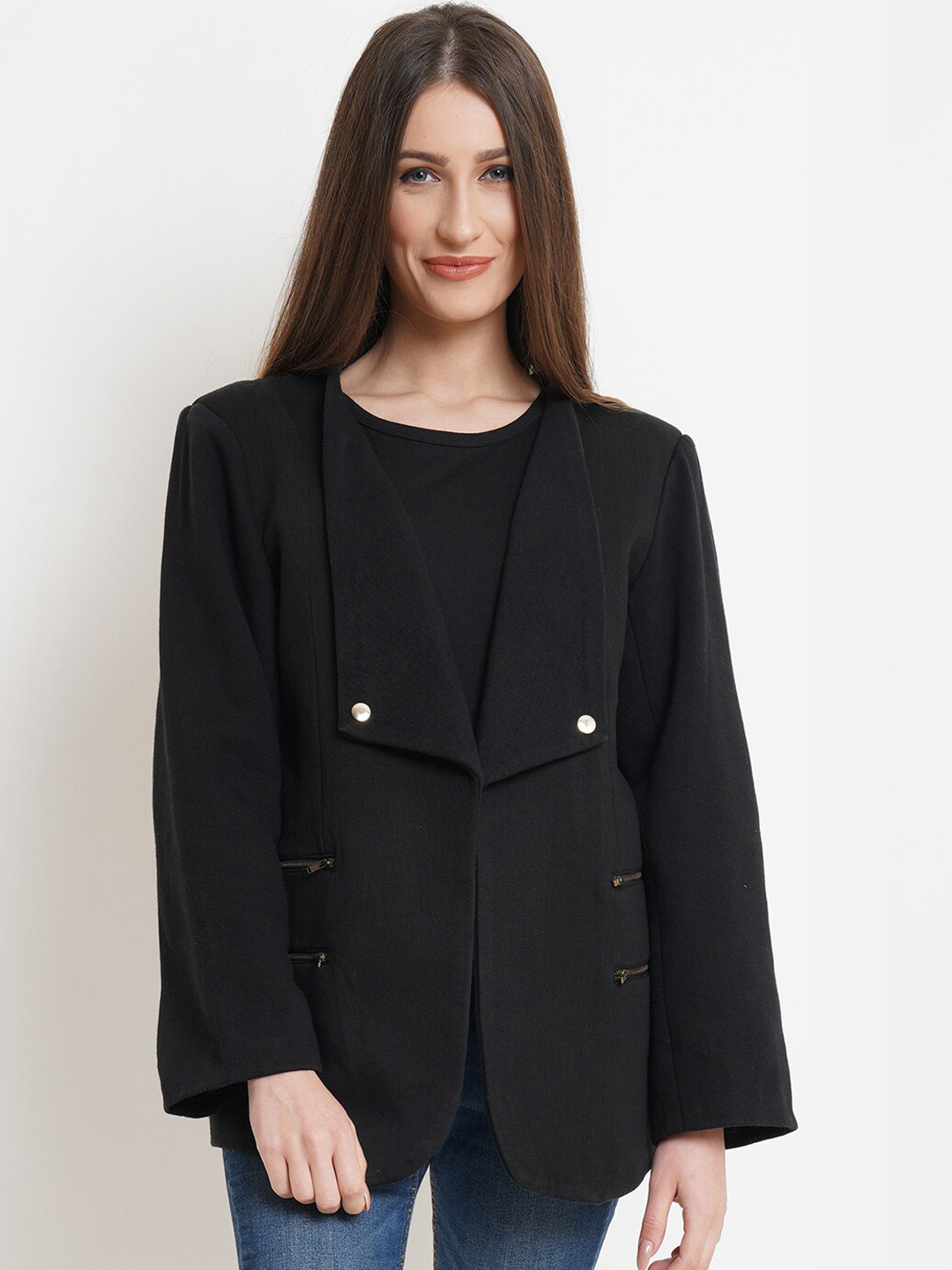 

Purple State Women Black Solid Single-Breasted Slim-Fit Blazer