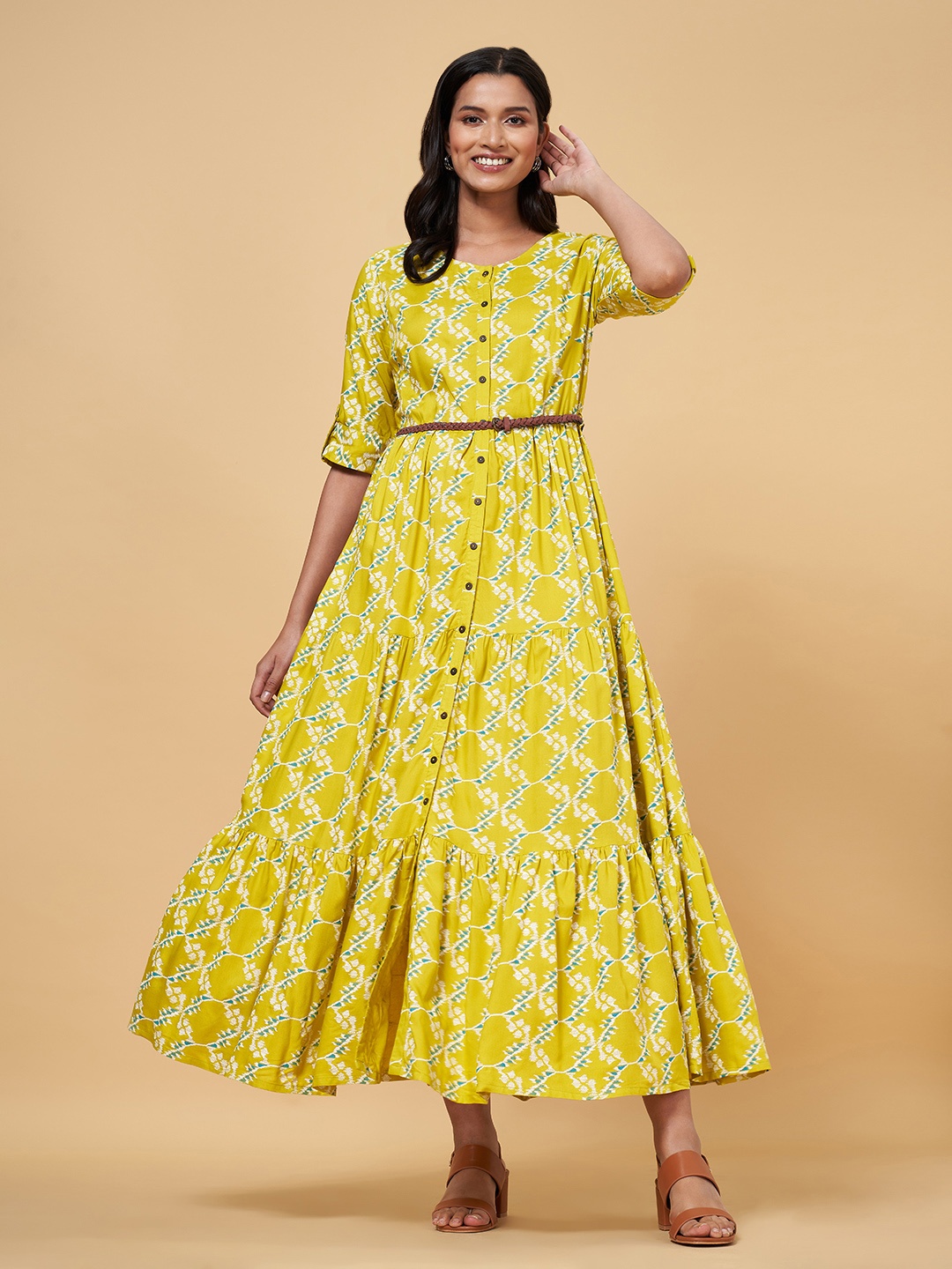 

AKKRITI BY PANTALOONS Lime Green Floral Ethnic Maxi Dress