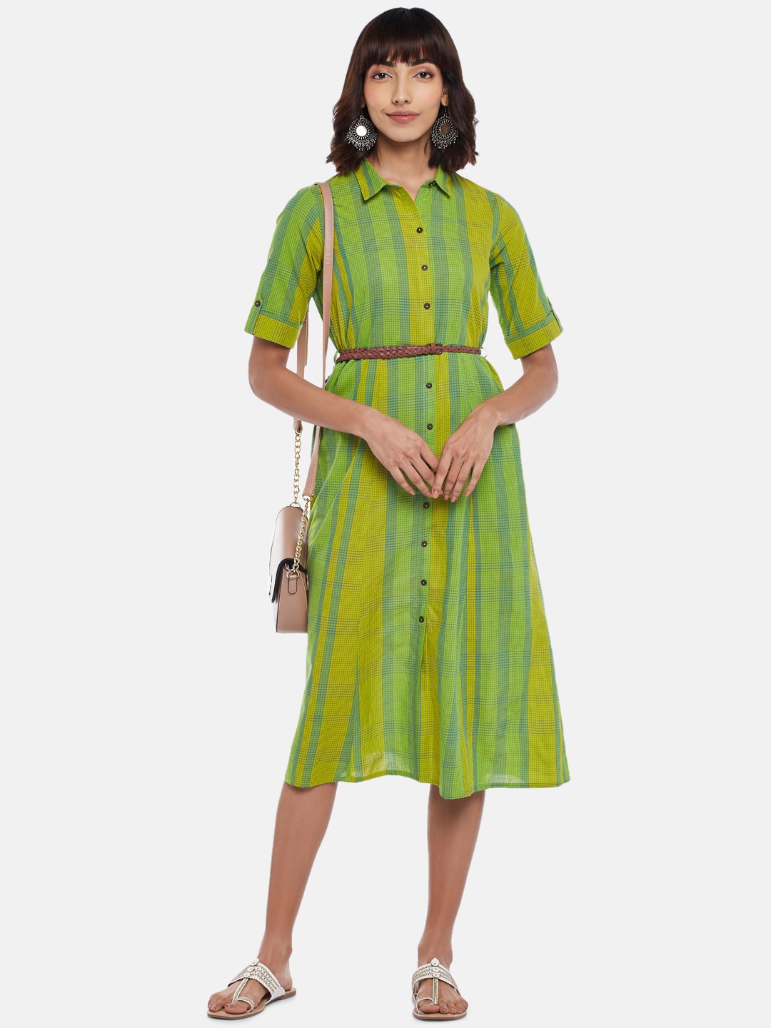 

AKKRITI BY PANTALOONS Green Striped Pure Cotton Shirt Midi Dress