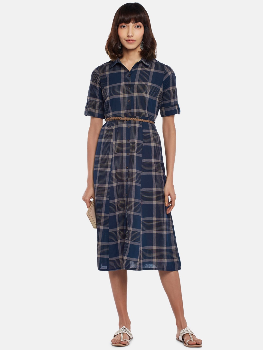 

AKKRITI BY PANTALOONS Blue Checked Shirt Midi Dress